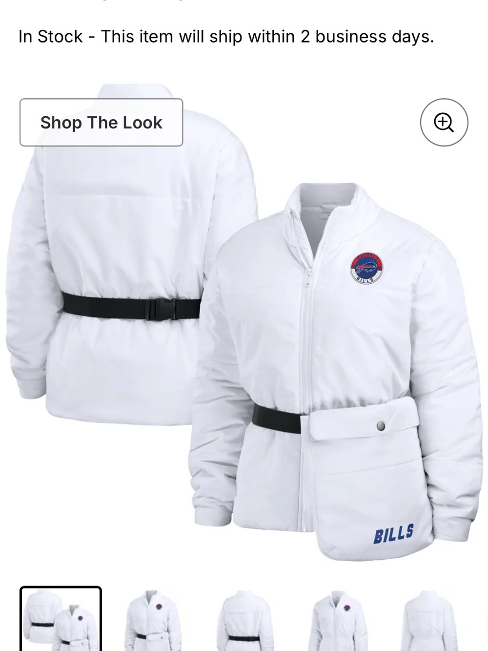 Buffalo Bills White Puffer Jacket with Black Belt and Bag. NEW never worn